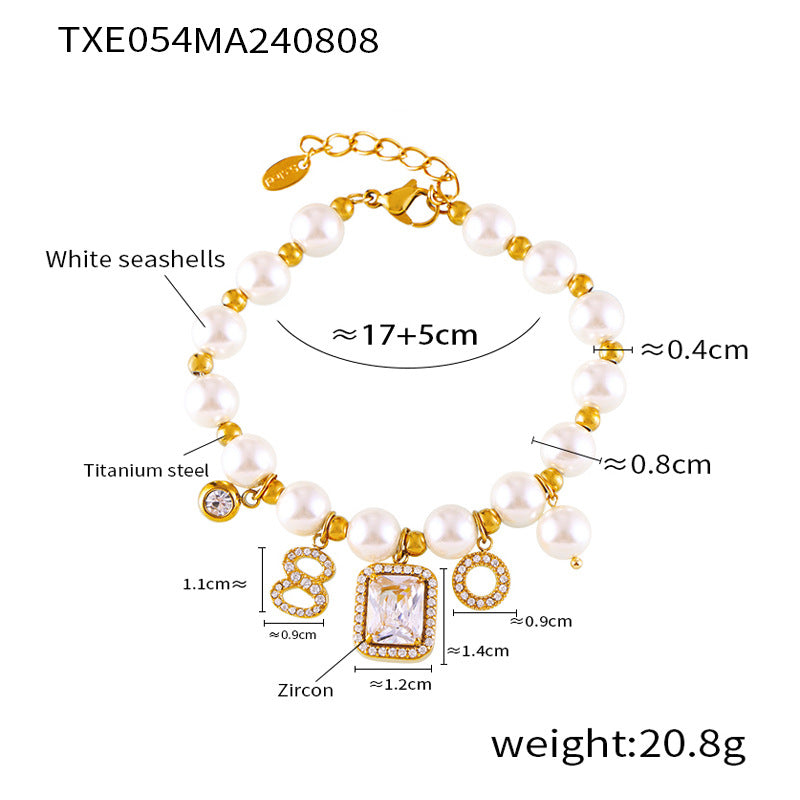 D관 - 레트로 기하학 숫자 펜던트 자개 비즈 팔찌 티타늄 스틸 18K 도금 목걸이 [TXP054-TXE054] 24.08-3