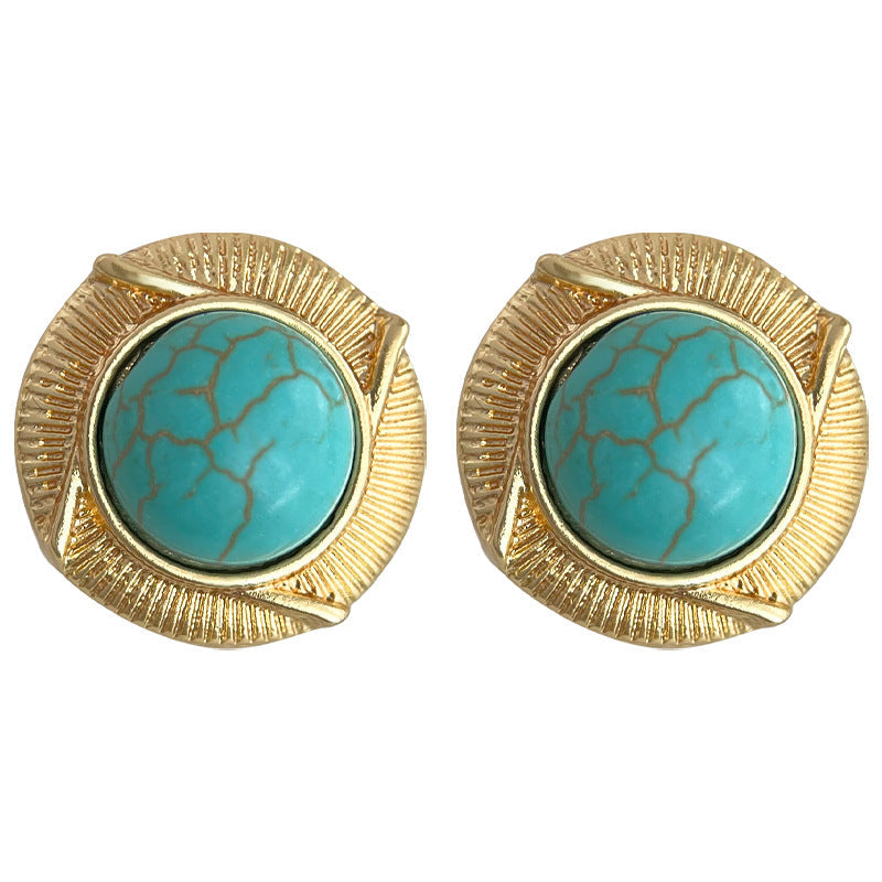 C관 - 복고풍 합성 터키석 14K 도금 원형 귀걸이 [4308] 24.06-4