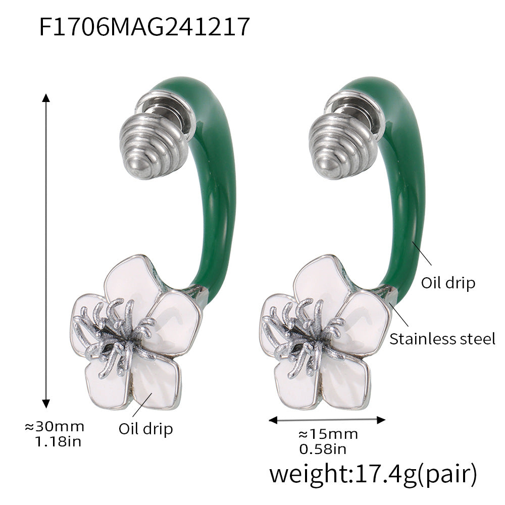 D관 - 스테인리스 스틸 18K 골드 도금 나선 패턴 오일 코팅 동백꽃 플라워 귀걸이 [F1706] 24.12-3
