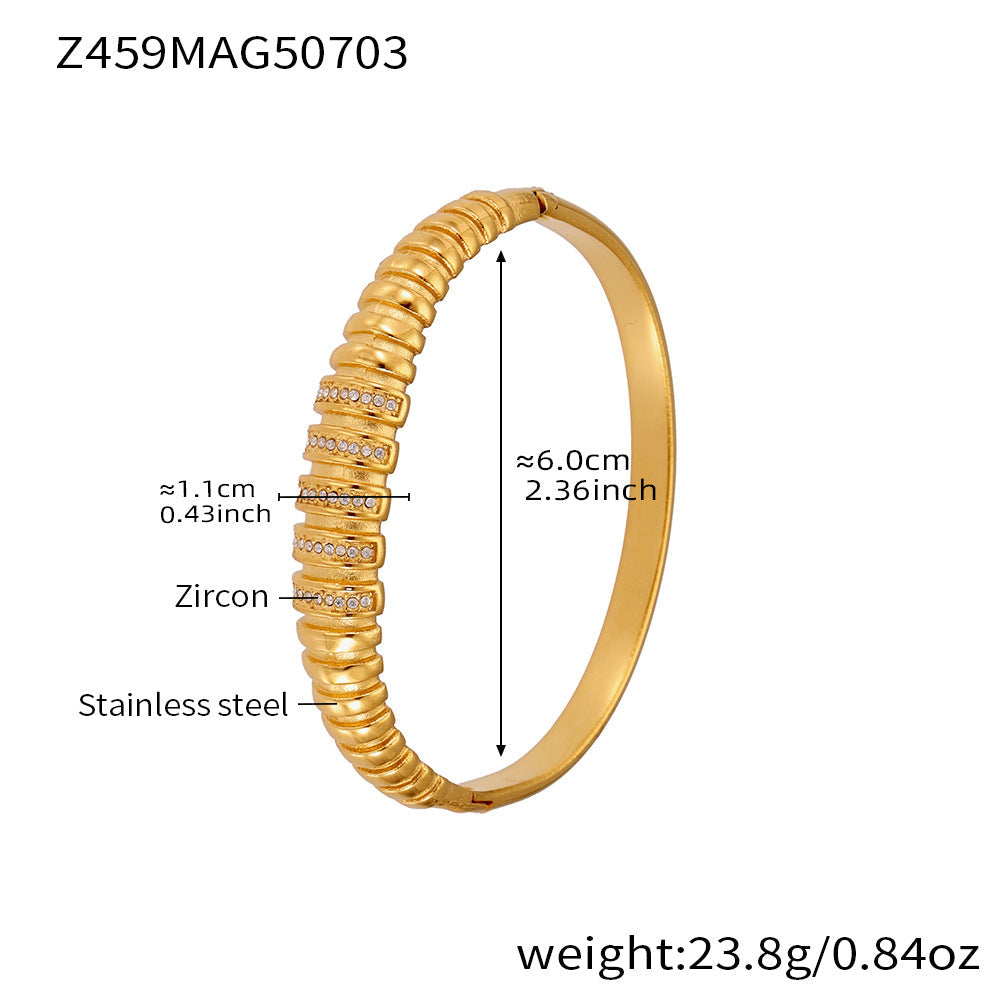 D관 - 대나무 물결 디자인 큐빅 스테인리스 스틸 18K 도금 팔찌 [Z454] 25.07-2