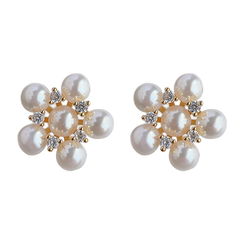 C관 - 프렌치 복고풍 미니 큐빅 진주 꽃 14K 도금 은침 귀걸이 [3768] 24.04-3