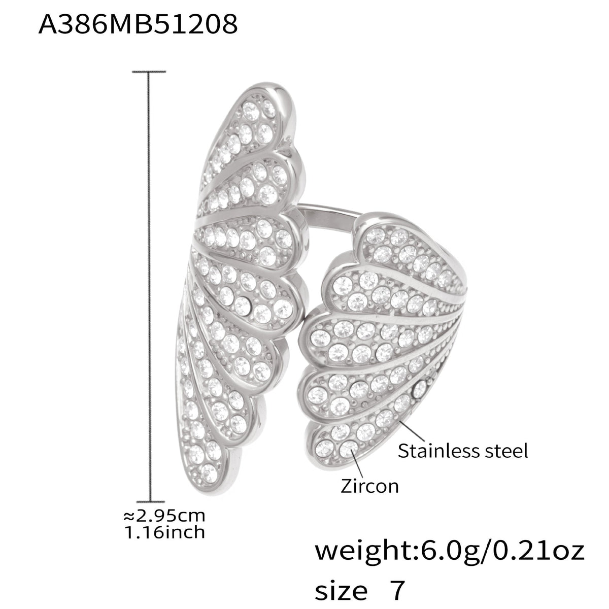 D관 - 스테인리스 스틸 18K 도금 큐빅 날개 모양 오픈형 반지 [A386] 25.12-3