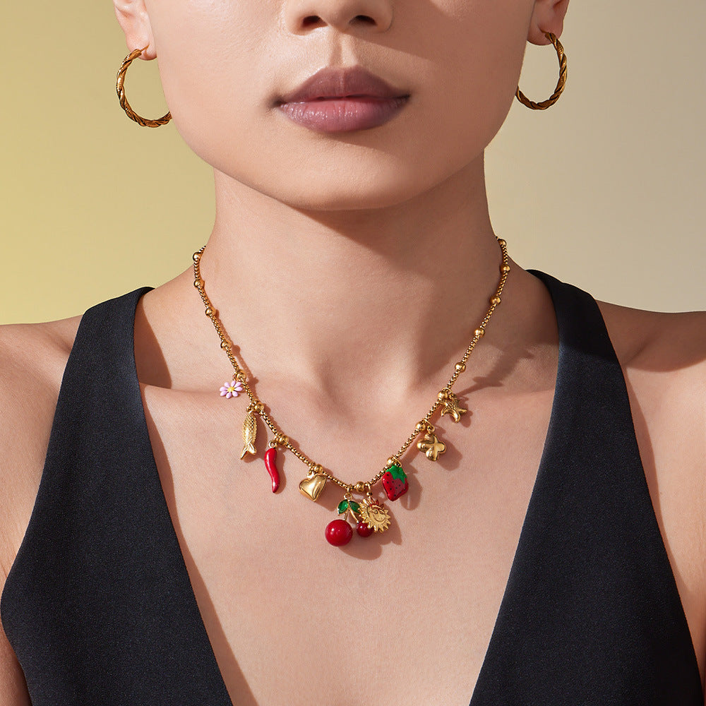 D관 - 18K 도금 스테인리스 스틸 체리 플라워 펜던트 목걸이 팔찌 [TXP449] 25.10-4