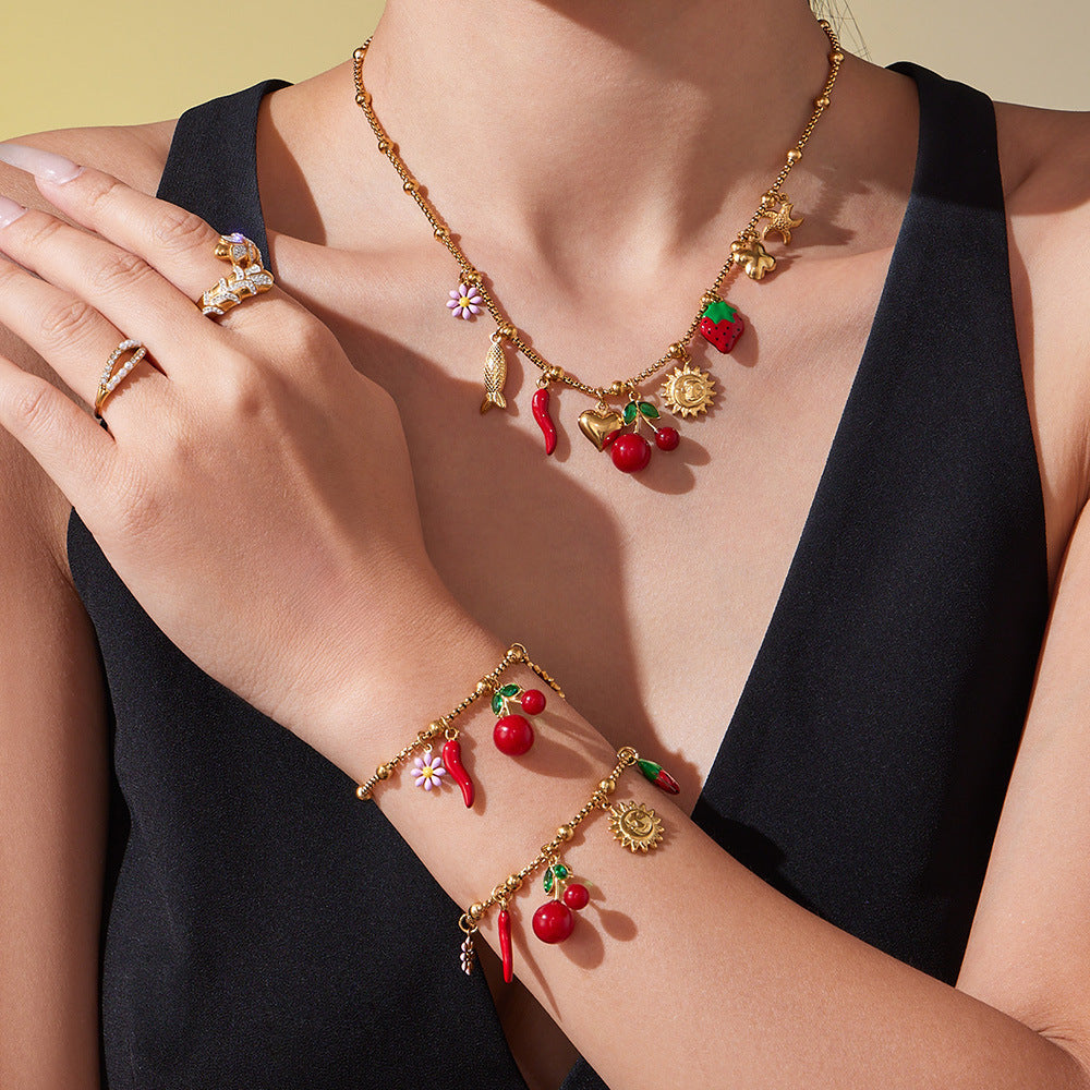 D관 - 18K 도금 스테인리스 스틸 체리 플라워 펜던트 목걸이 팔찌 [TXP449] 25.10-4