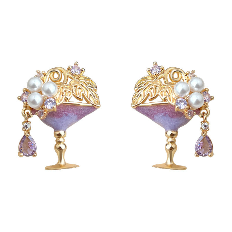 C관 - 큐빅 진주 핸드페인팅 와인잔 디자인 925 은침 귀걸이 [6831] 25.09-4