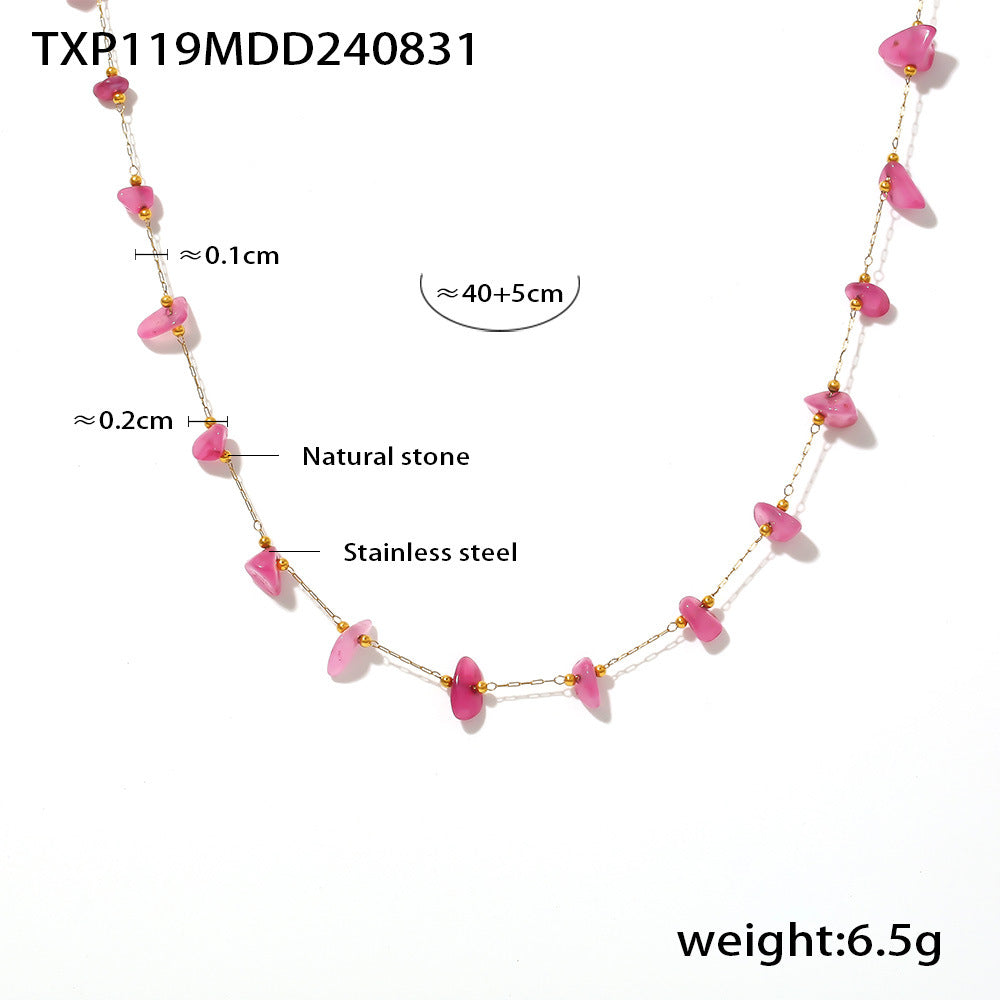 D관 - 보헤미안 핑크 천연석 수공예 스테인리스 스틸 캐주얼 럭셔리 목걸이 팔찌 [TXP119-TXE119] 24.09-1