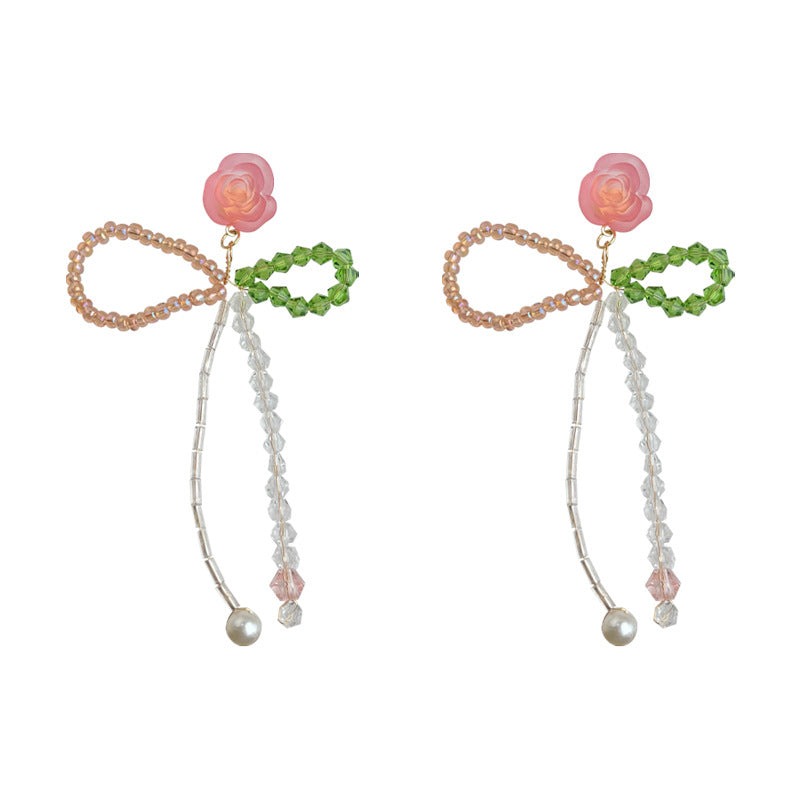 C관 - 글래스 크리스탈 리본 태슬 장미 비즈 귀걸이 [5578] 25.02-3