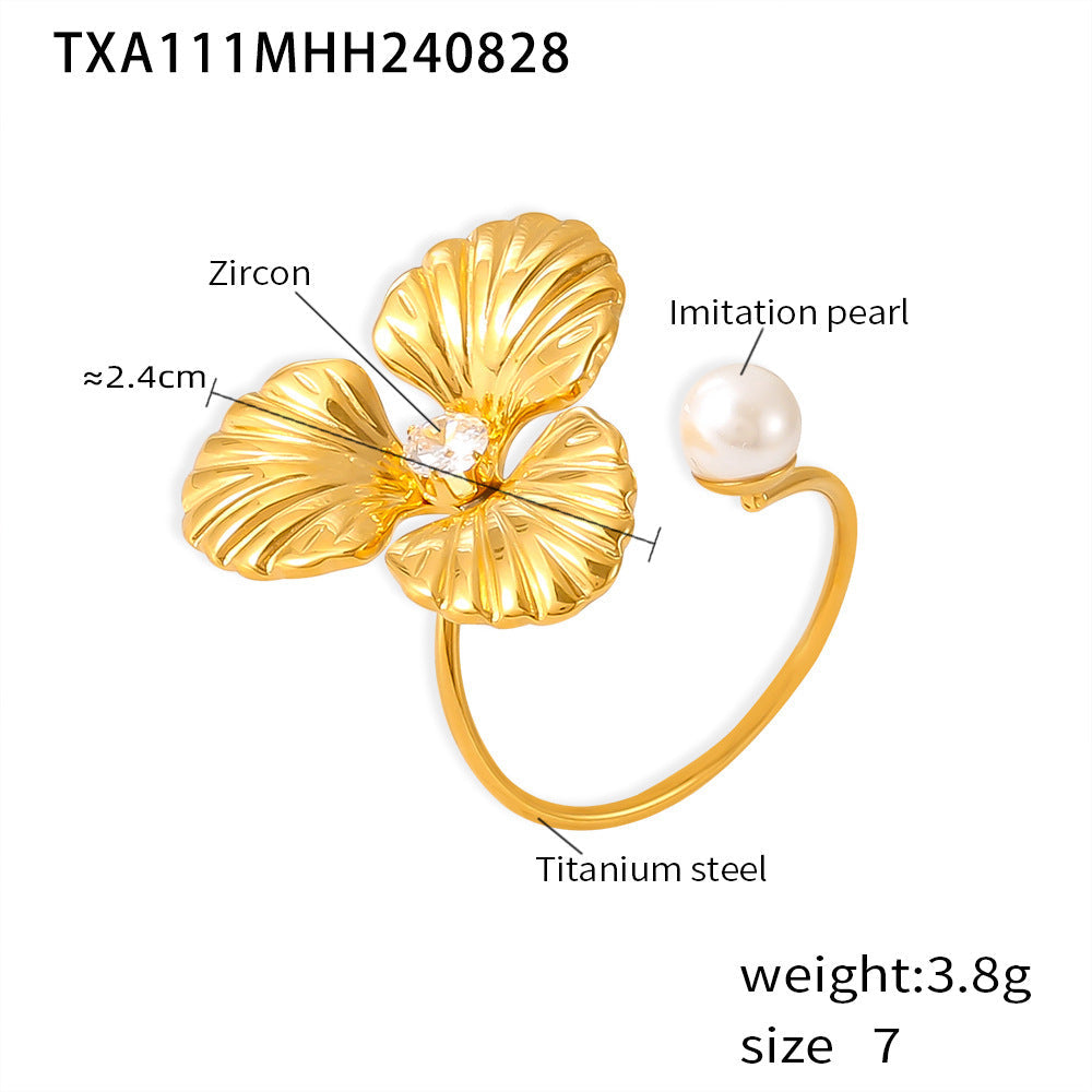 D관 - 캐주얼 럭셔리 감성 트렌디 진주 플라워 티타늄 스틸 18K 변색 방지 반지 [F111-A110] 24.09-1