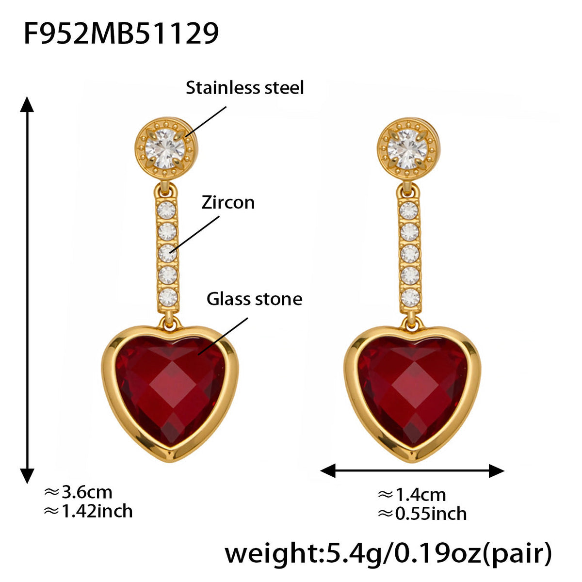 D관 - 스테인리스 스틸 하트 글라스 스톤 큐빅 18K도금 귀걸이 목걸이 [TXF507] 25.12-1