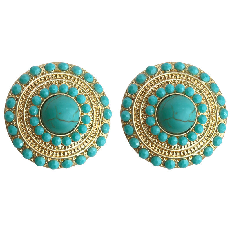C관 - 합성 터키석 기하학 원형 빈티지 14K 도금 세련된 귀걸이 [4314] 24.07-1