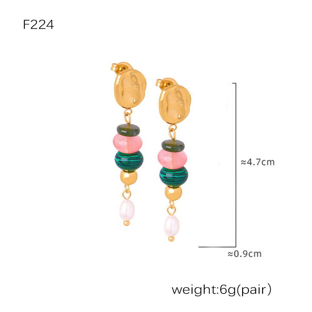 D관 - 티타늄 스틸 원형 천연석 진주 태슬 귀걸이 [F1230] 24.12-4