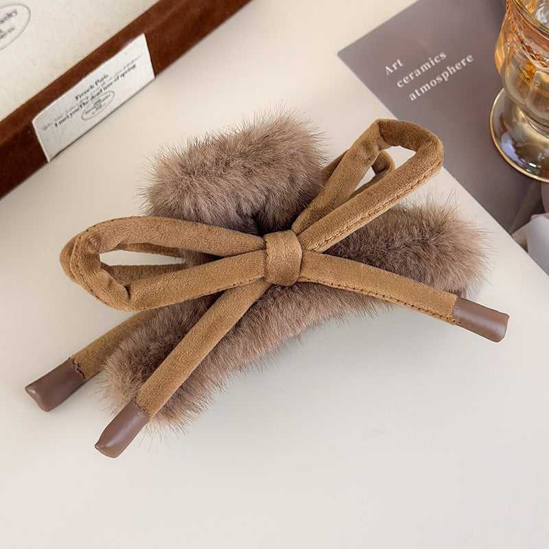 E관 - 브라운 퍼 리본 대형 집게핀 [27715] 25.11-4