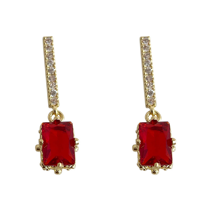C관 - 14K 도금 큐빅 와인 레드 사각형 복고풍 귀걸이 [4235] 24.07-1
