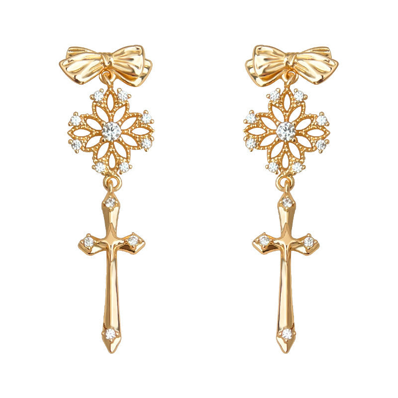 C관 - 925 은침 14K 도금 레이스 십자가 리본 귀걸이 [6828] 25.09-4