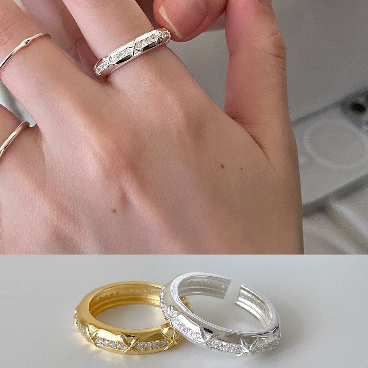 A관 - 큐빅 미니 크로스 디자인 오픈형 반지 [JZ-0727] 25.11-1