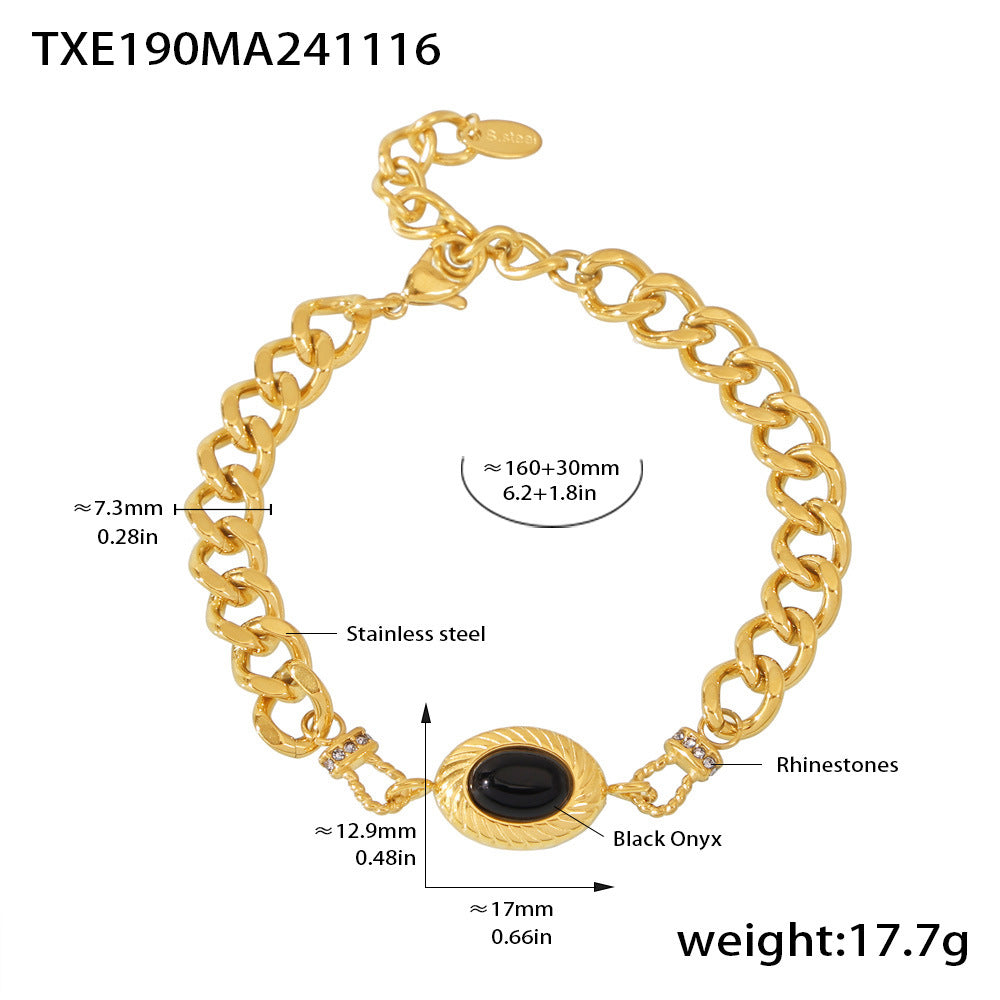 D관 - 흑마노 버클 다이아 장식 스테인리스 스틸 18K 도금 목걸이 팔찌 [TXE190-TXP190-TXZ190] 24.11-4