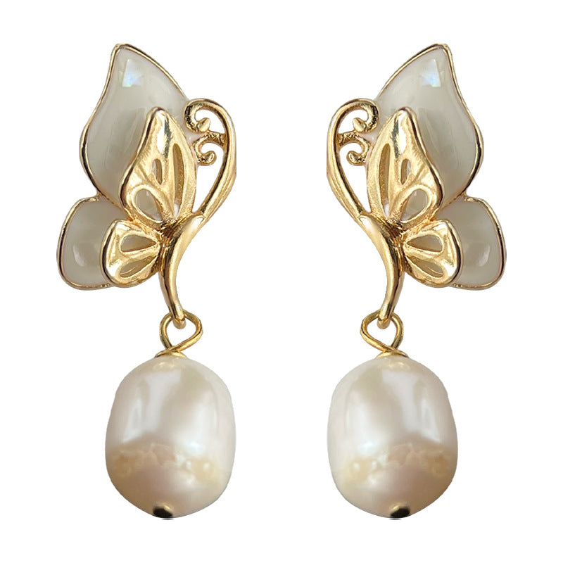 C관 - 담수 진주 나비 디테일 우아한 14K 도금 귀걸이 [4335] 24.06-3