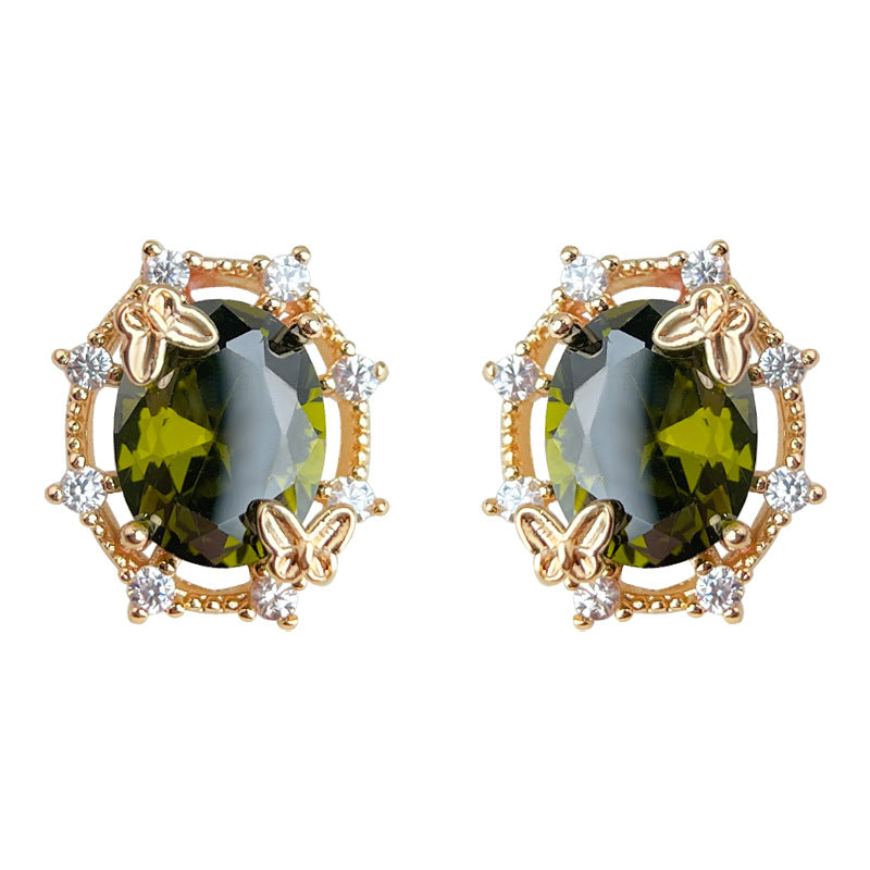 C관 - 14K 도금 925 은침 올리브 그린 큐빅 나비 귀걸이 [5586] 25.02-3