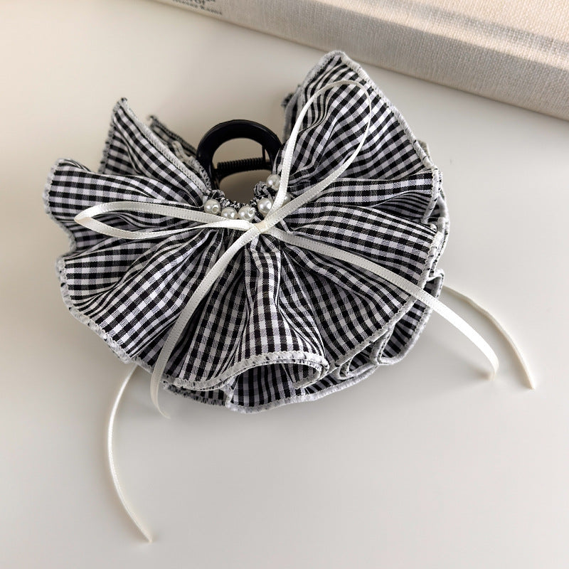 E관 - 체크 러플형 리본 대형 빈티지 집게핀 [27527] 25.10-1