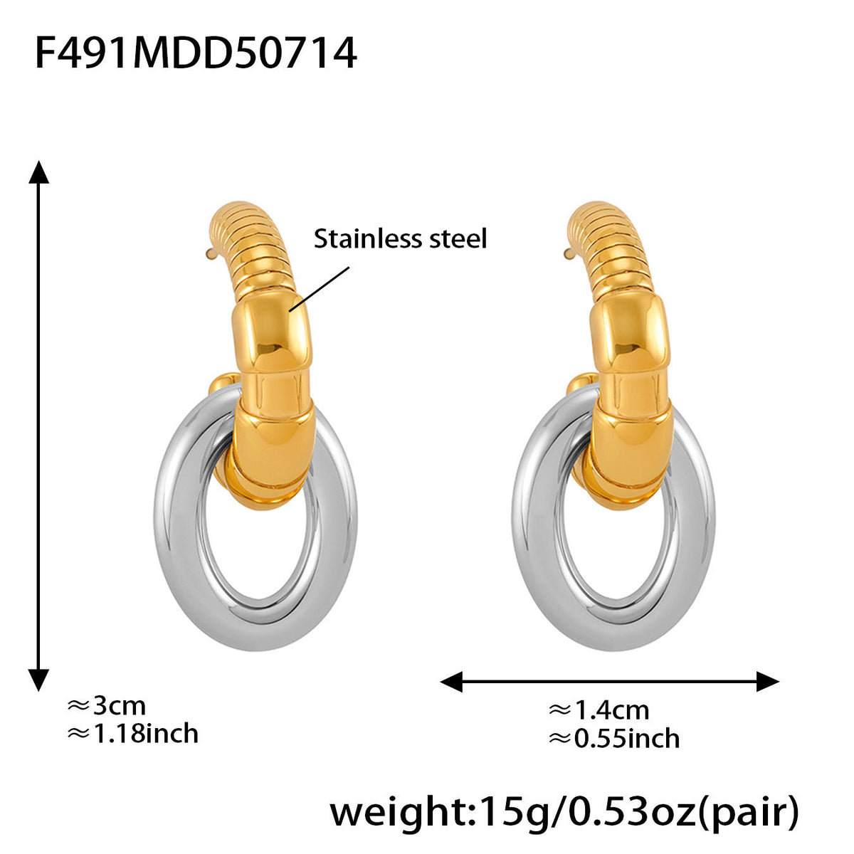 D관 - 스테인리스 스틸 비정형 C형 투톤 귀걸이 [F491-F492-F1095] 25.07-3
