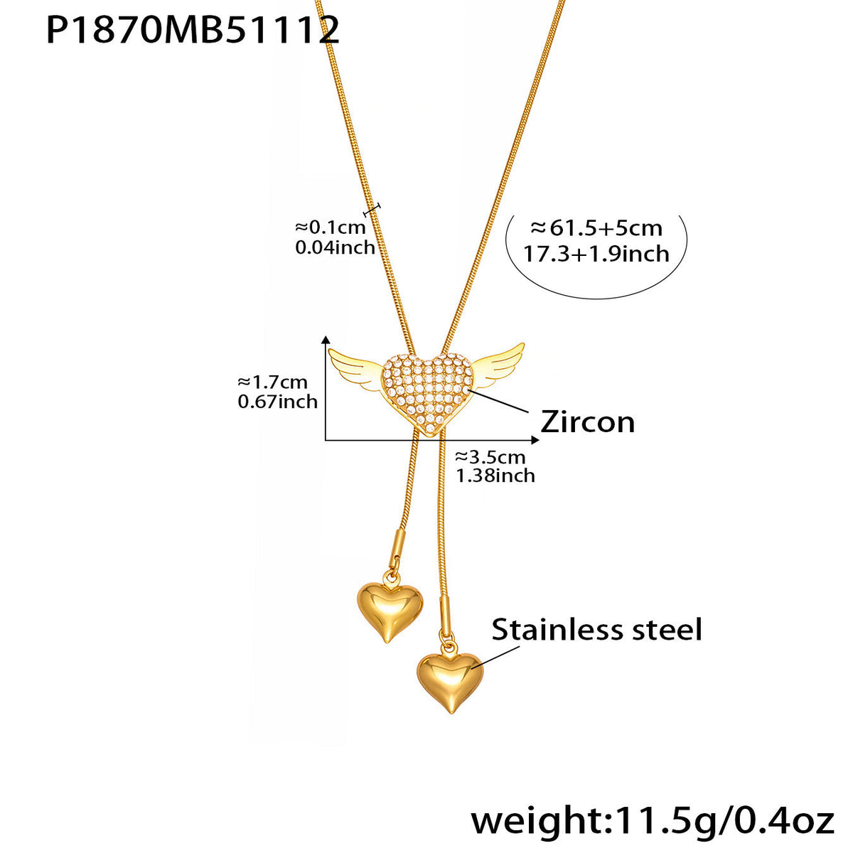 D관 - 큐빅 하트 날개 태슬 조절형 스테인리스 스틸 목걸이 [P1870] 25.11-3
