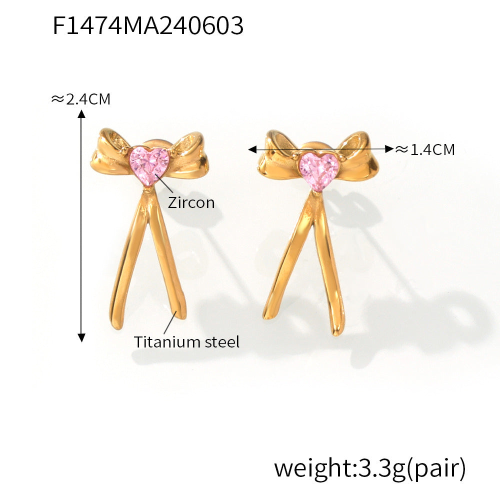 D관 - 티타늄 스틸 18K 도금 큐빅 리본 우아한 감성 귀걸이 [F1474] 24.06-1