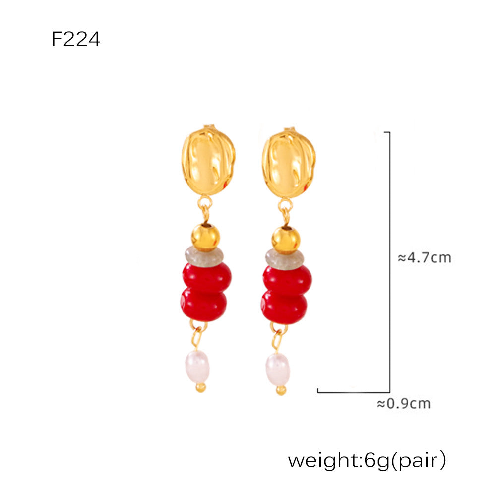 D관 - 티타늄 스틸 원형 천연석 진주 태슬 귀걸이 [F1230] 24.12-4