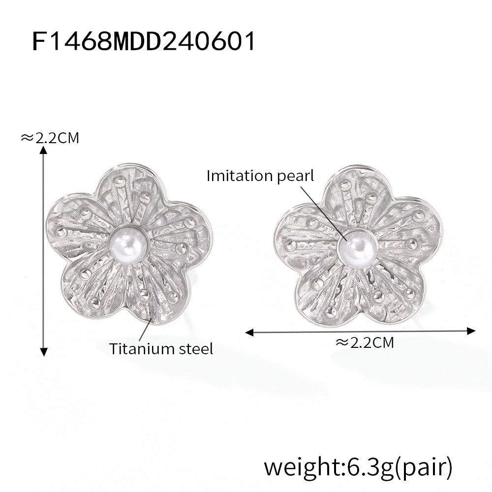 D관 - 티타늄 스틸 18K 도금 모조 진주 플라워 디자인 우아한 귀걸이 [F1468] 24.06-1