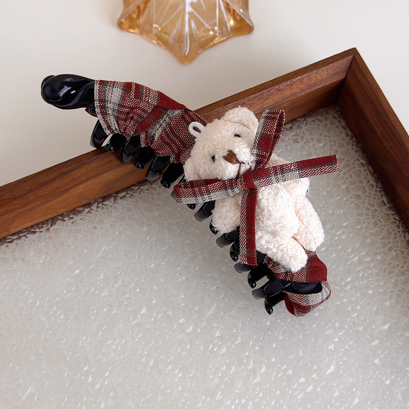 E관 - 체크 패브릭 리본 곰돌이 대형 집게핀 [27722] 25.11-4