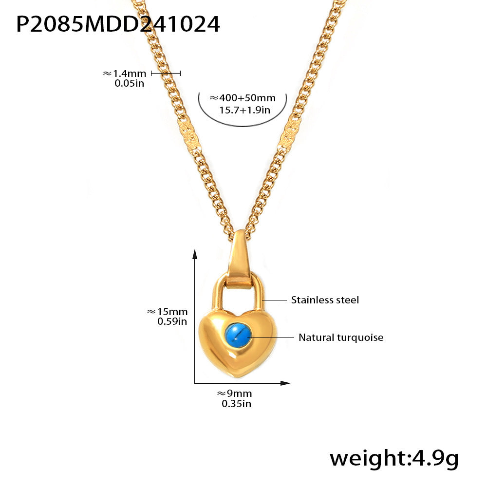 D관 - 미니멀 터키석 하트 자물쇠 펜던트 초커형 스테인리스 스틸 18K 도금 여성용 목걸이 [P2085-P1694] 24.11-1