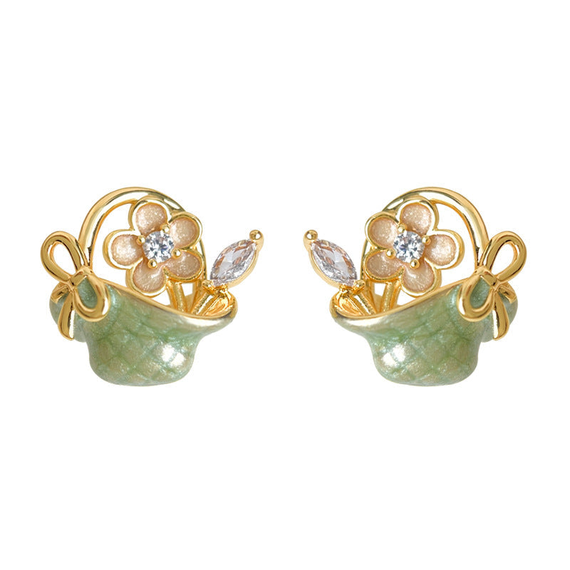 C관 - 925 은침 핸드페인팅 미니 큐빅 플라워 바구니 귀걸이 [6987] 25.10-5