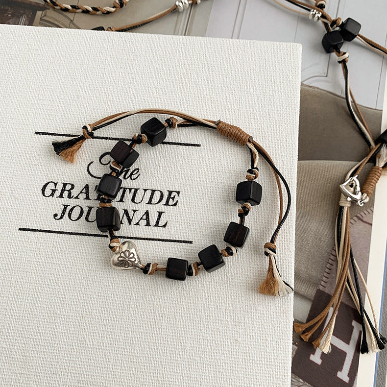 A관 - 925 실버 핸드메이드 흑단 하트 플라워 매듭 팔찌 목걸이 [1401] 25.10-2