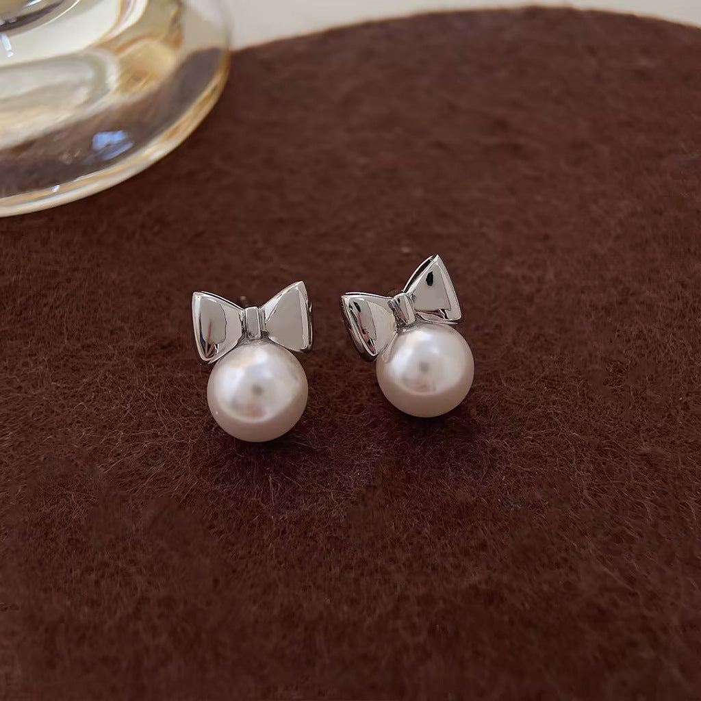 C관 - 고급스러운 글라스 진주 리본 14K 도금 은침 귀걸이 [3847-3848] 24.04-3