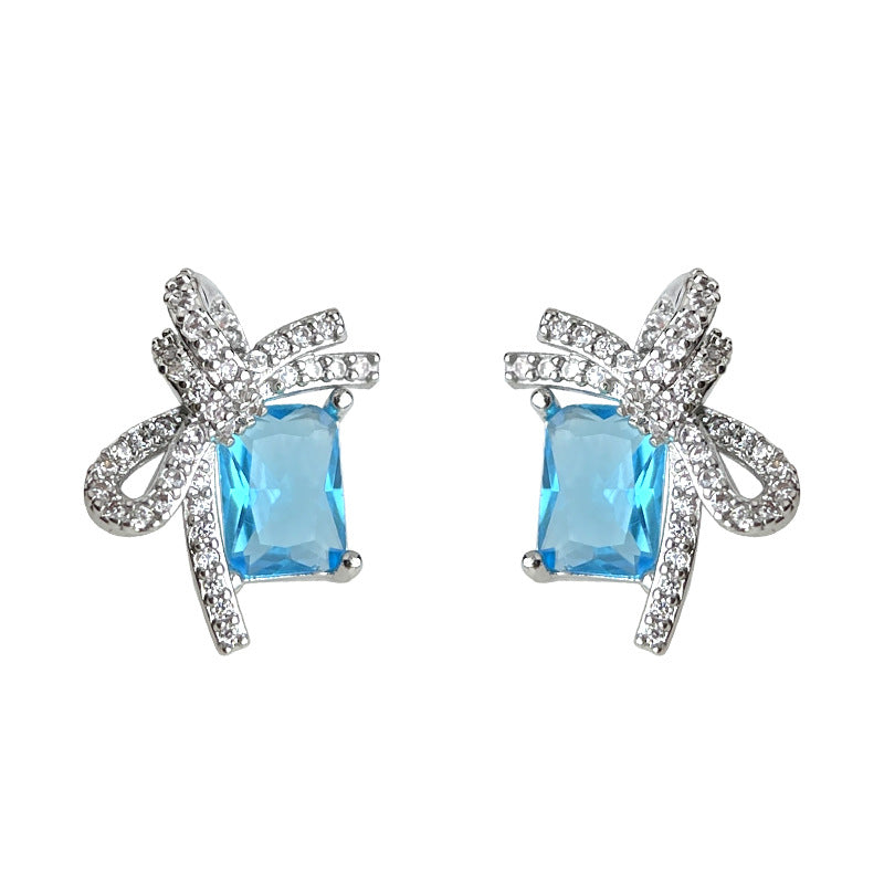 C관 - 아쿠아마린 컬러 큐빅 리본 925 은침 귀걸이 [5767] 25.04-1