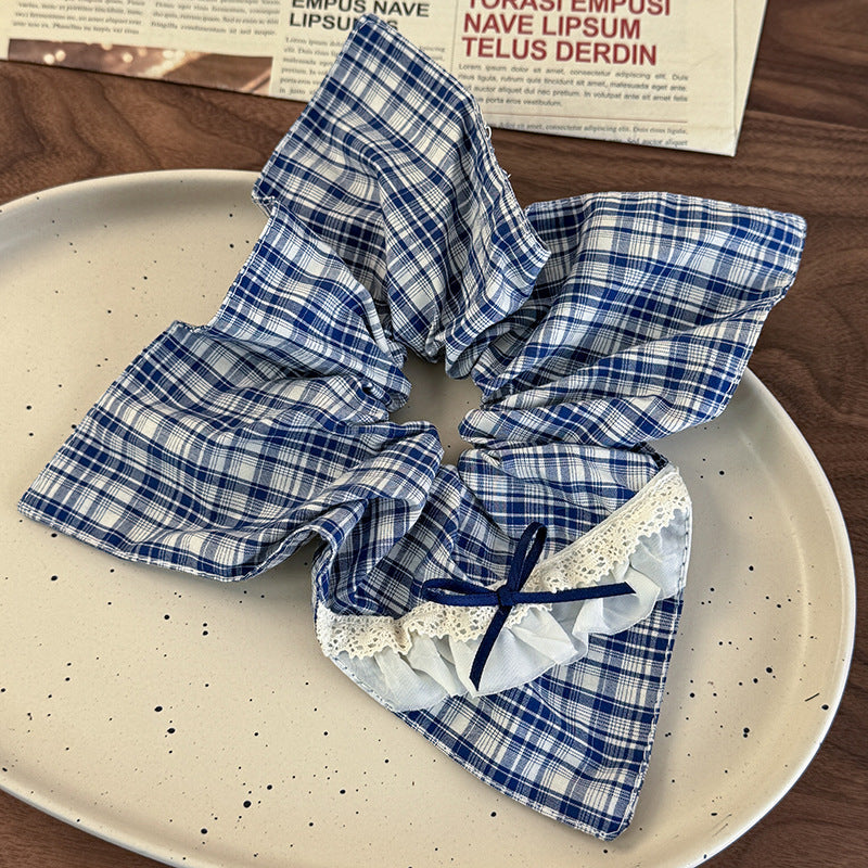 E관 - 블루 체크 패브릭 레이스 리본 곱창 헤어밴드 [26462] 25.10-2