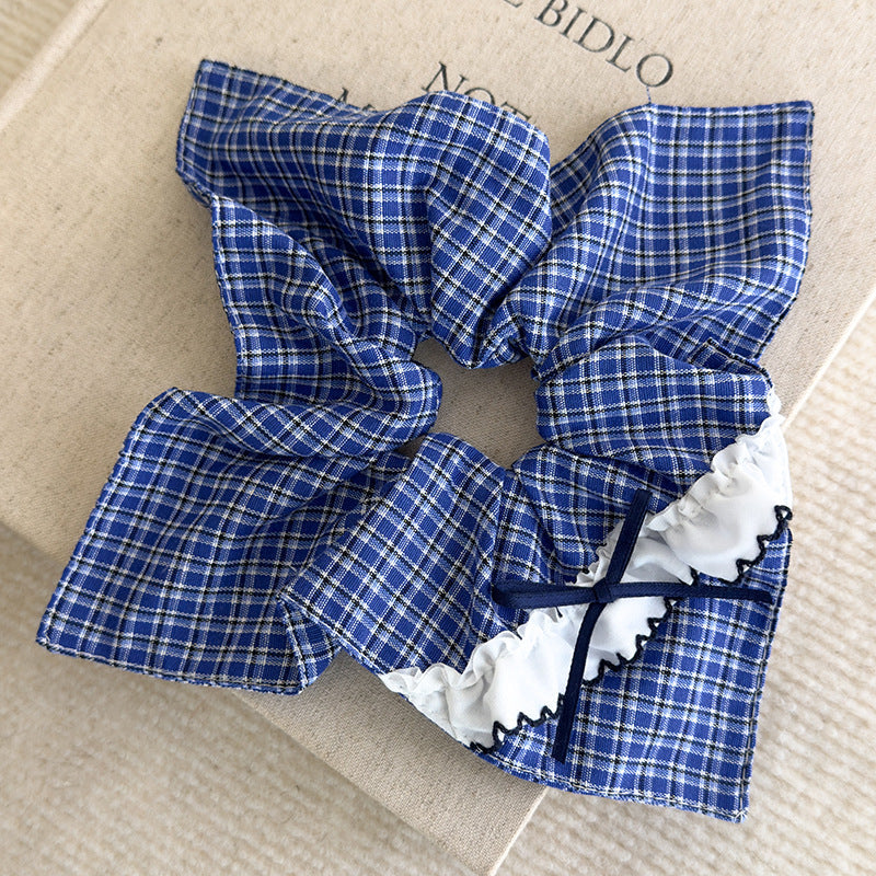 E관 - 블루 체크 패브릭 레이스 리본 곱창 헤어밴드 [26462] 25.10-2