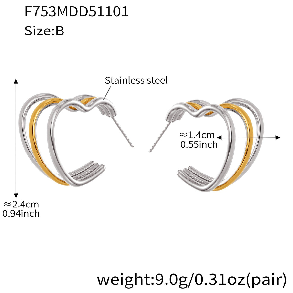 D관 - 스테인리스 18K 도금 레이어 하트 트위스트 귀걸이 [F753] 25.11-1