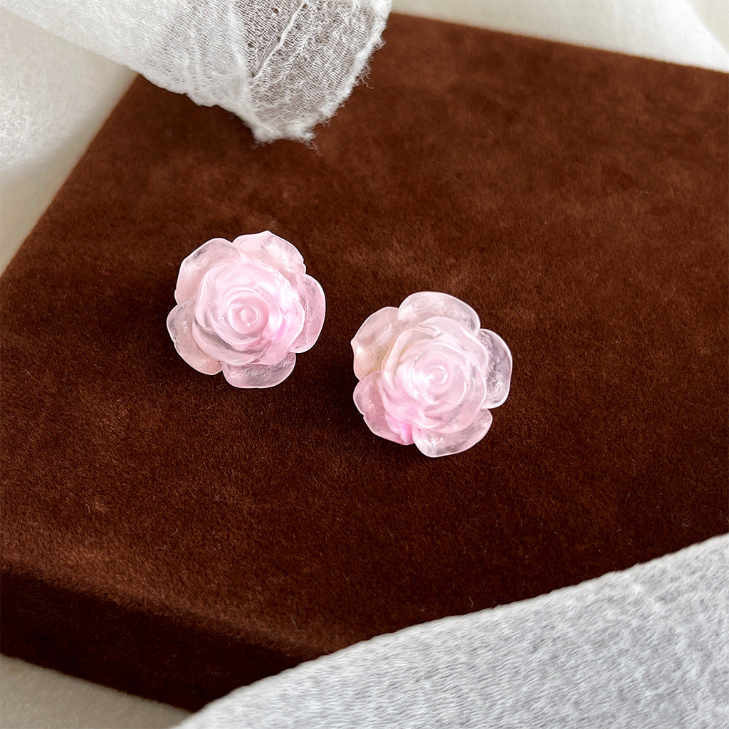 C관 - 분홍 장미 은침 스윗한 글라스 진주 14K 도금 여름 귀걸이 [4412-4413] 24.06-4