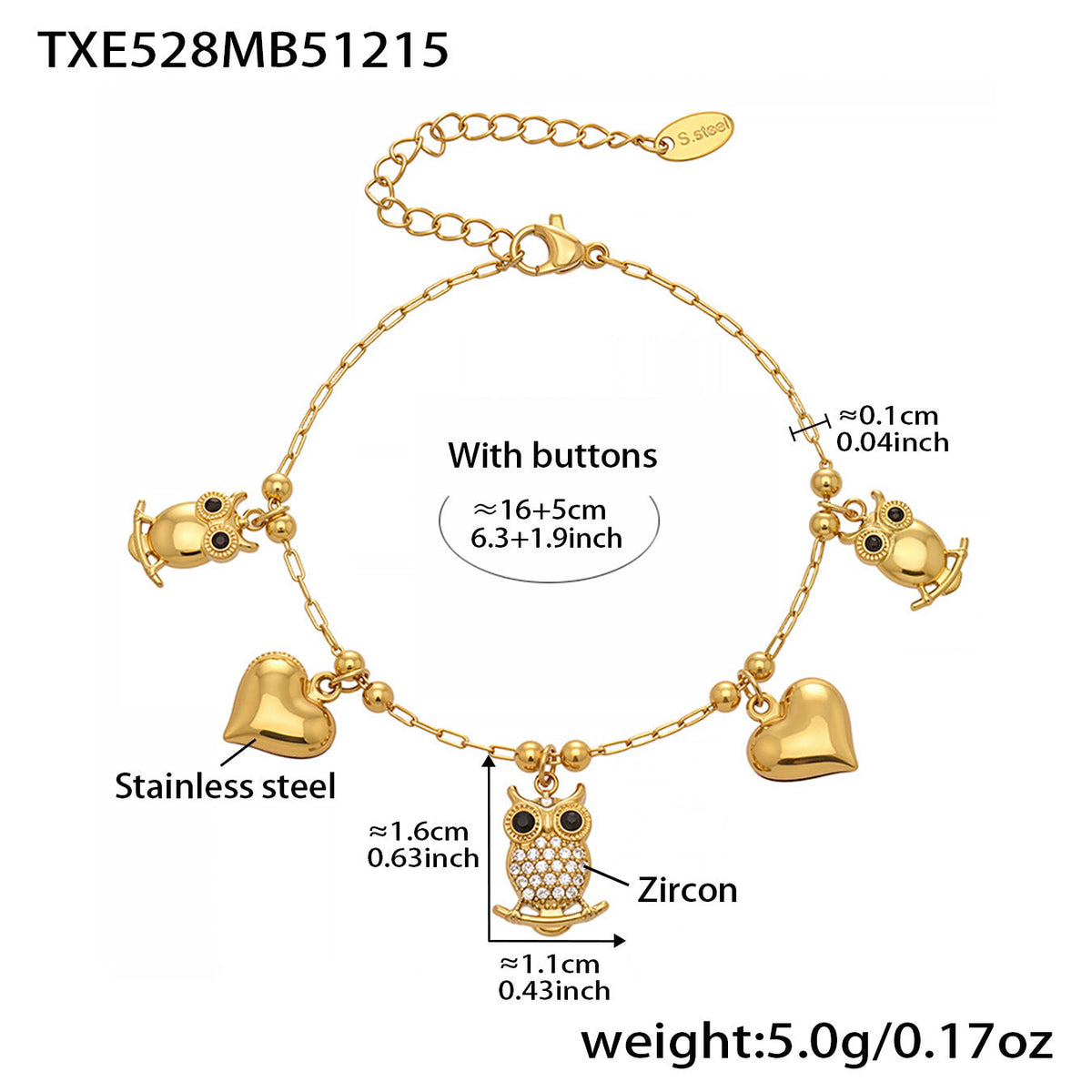 D관 - 스테인리스 스틸 18K 도금 부엉이 하트 큐빅 펜던트 목걸이 팔찌 [TXP528] 25.12-3