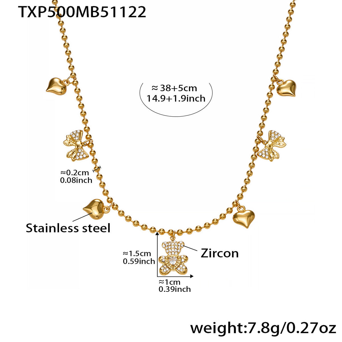 D관 - 스테인리스 스틸 곰 리본 하트 풀큐빅 펜던트 목걸이 팔찌 귀걸이 [TXP500] 25.11-4