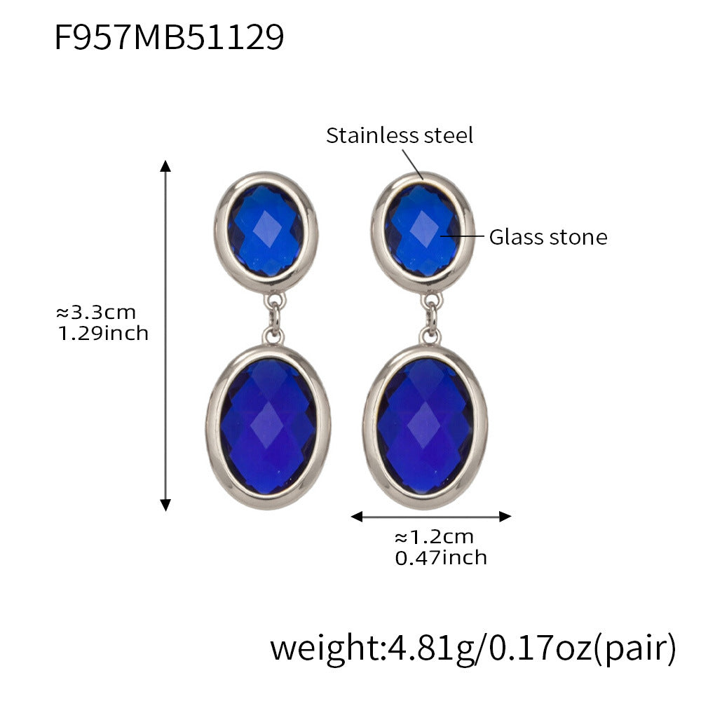 D관 - 스테인리스 스틸 18K 도금 타원 컷팅 글라스 스톤 펜던트 귀걸이 [F957] 25.12-1