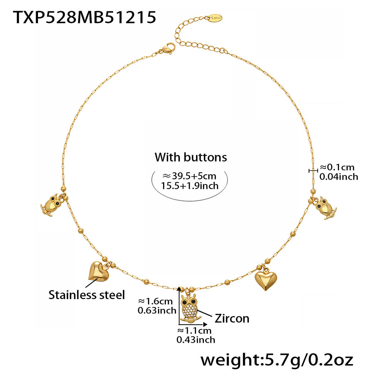 D관 - 스테인리스 스틸 18K 도금 부엉이 하트 큐빅 펜던트 목걸이 팔찌 [TXP528] 25.12-3