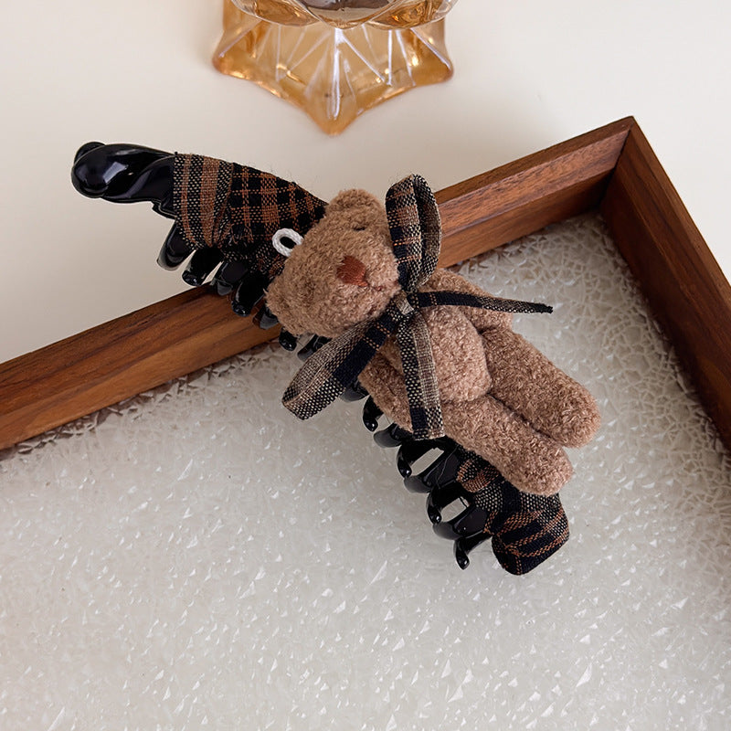 E관 - 체크 패브릭 리본 곰돌이 대형 집게핀 [27722] 25.11-4