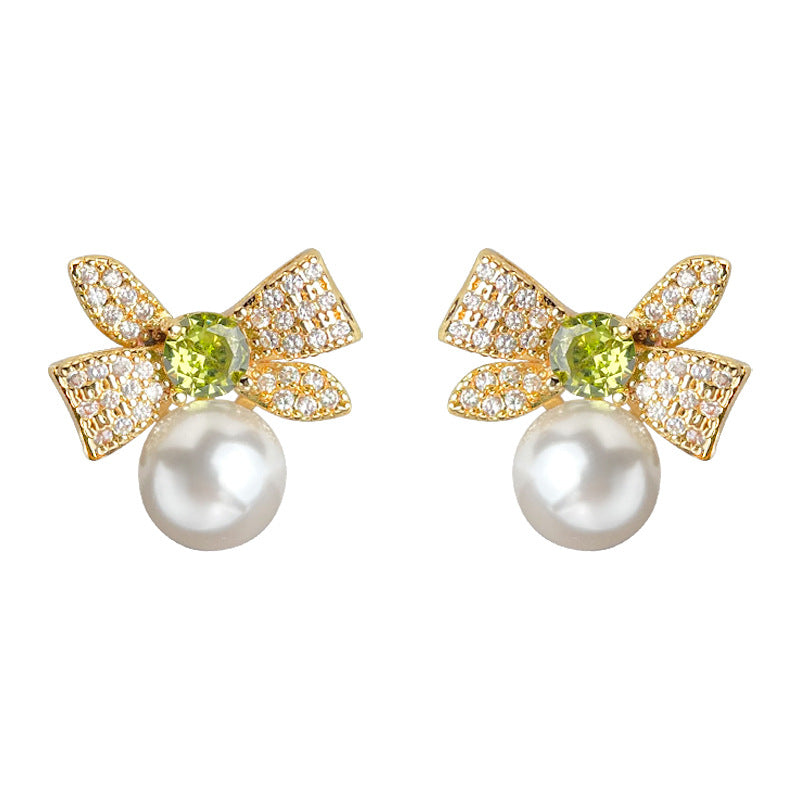 C관 - 리본 큐빅 진주 14K 도금 은침 귀걸이 [5863] 25.04-3