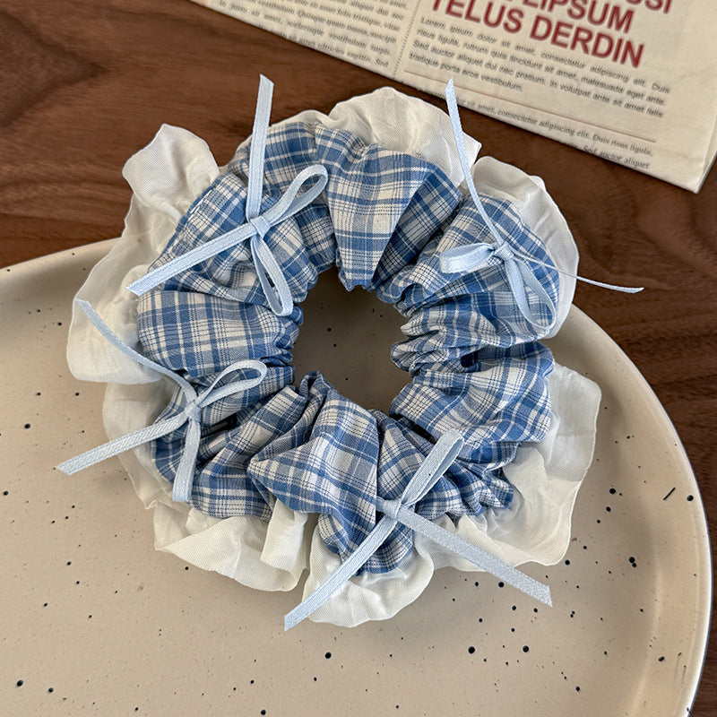 E관 - 블루 체크 패브릭 레이스 리본 곱창 헤어밴드 [26462] 25.10-2