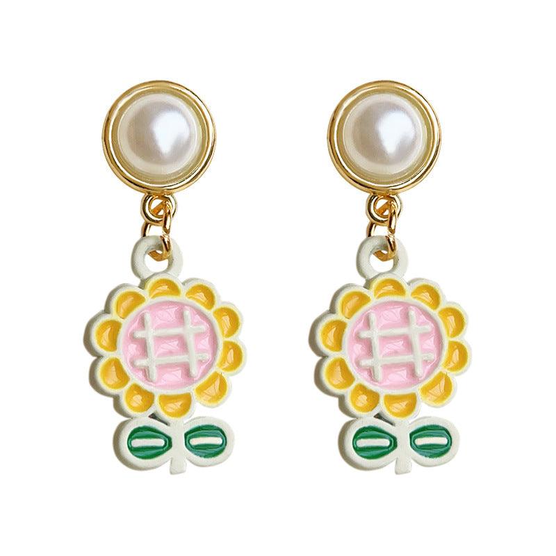 C관 - 봄 여름 청순한 해바라기 꽃 드롭 오일 코팅 14K 도금 은침 귀걸이 [3651] 24.03-4