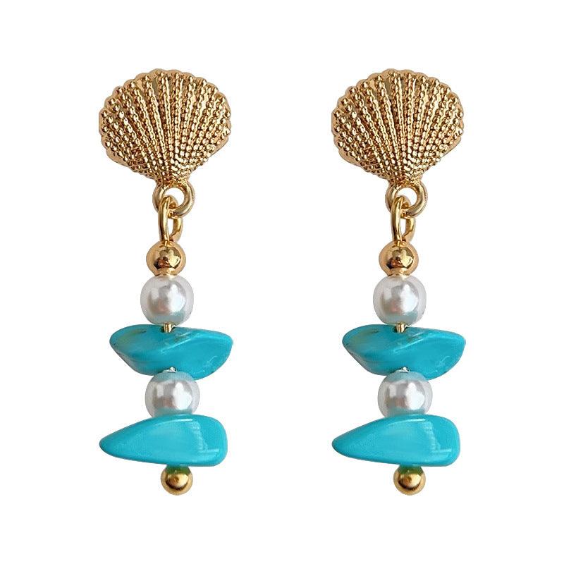 C관 - 14K 도금 오리지날 디자인 핸드 메이드 조개 합성 터키석 은침 귀걸이 [3634] 24.03-4