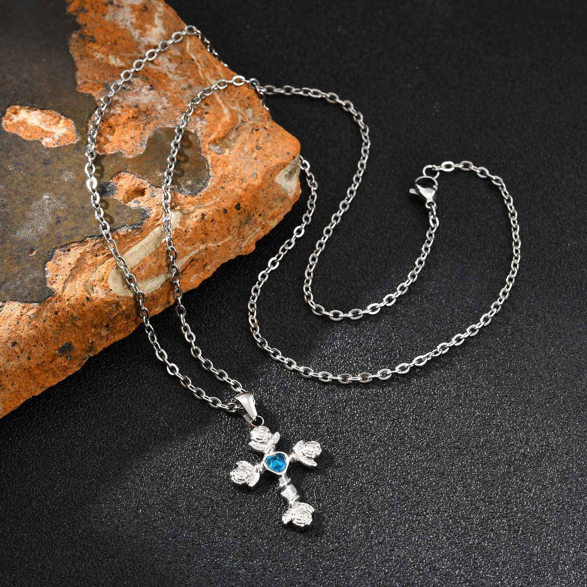 G관 - 스테인리스 스틸 하트 큐빅 장미 십자가 펜던트 목걸이 [PN-2240] 25.10-4