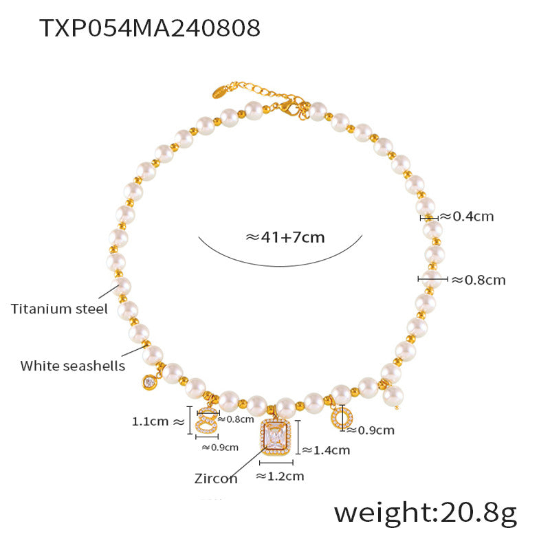 D관 - 레트로 기하학 숫자 펜던트 자개 비즈 팔찌 티타늄 스틸 18K 도금 목걸이 [TXP054-TXE054] 24.08-3