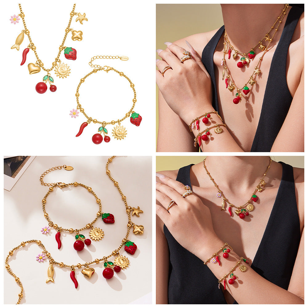 D관 - 18K 도금 스테인리스 스틸 체리 플라워 펜던트 목걸이 팔찌 [TXP449] 25.10-4